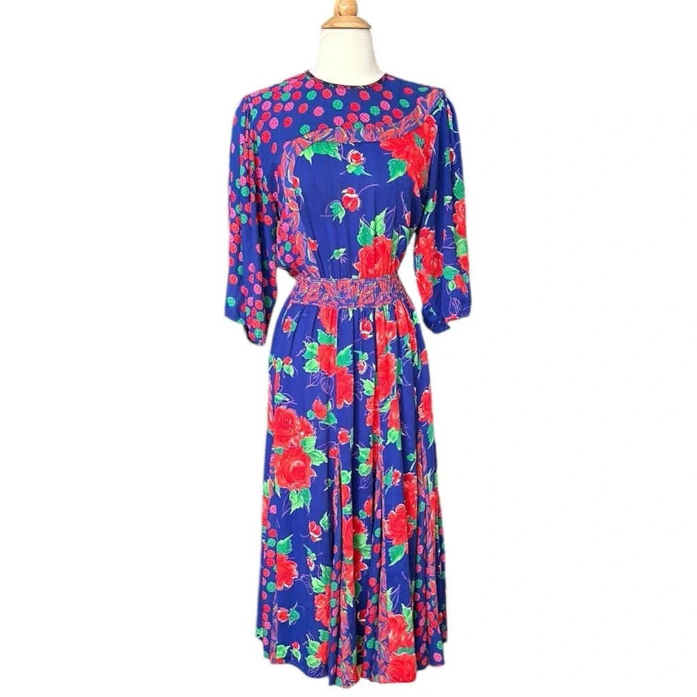 Vintage 80s ASSORTI‎ for Susan Freiss Dress MIDI Floral Cottagecore, Size XS